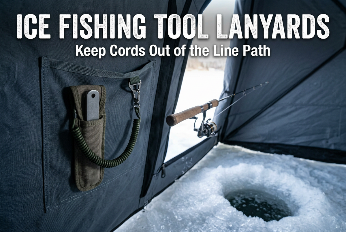 Sheathed fishing tool with a coiled lanyard in an ice shelter side pocket, separated from a short spinning rod and ice hole.