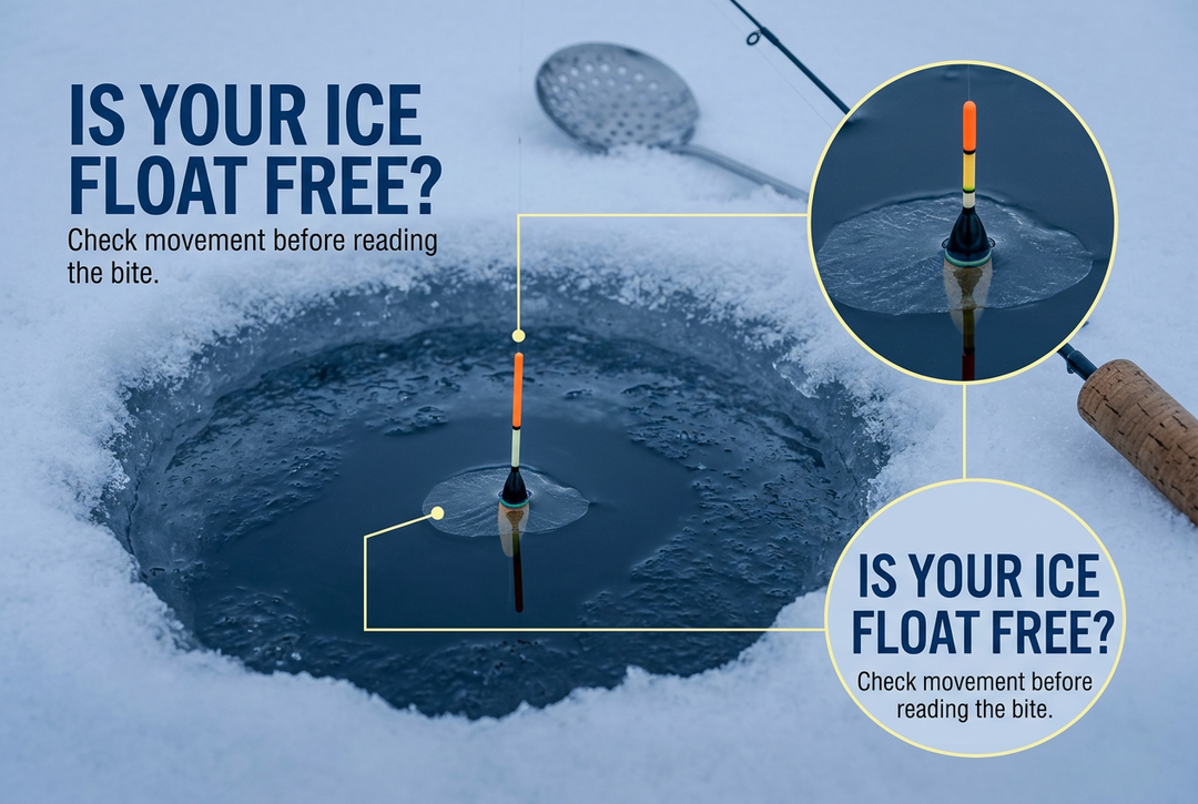 Orange-tipped fishing float beside a thin surface ice film in an ice hole, with an enlarged waterline detail.