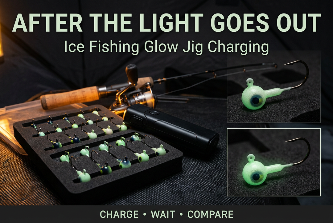 Glow-coated ice jigs secured in foam beside a light and spinning rod, with the English headline After the Light Goes Out