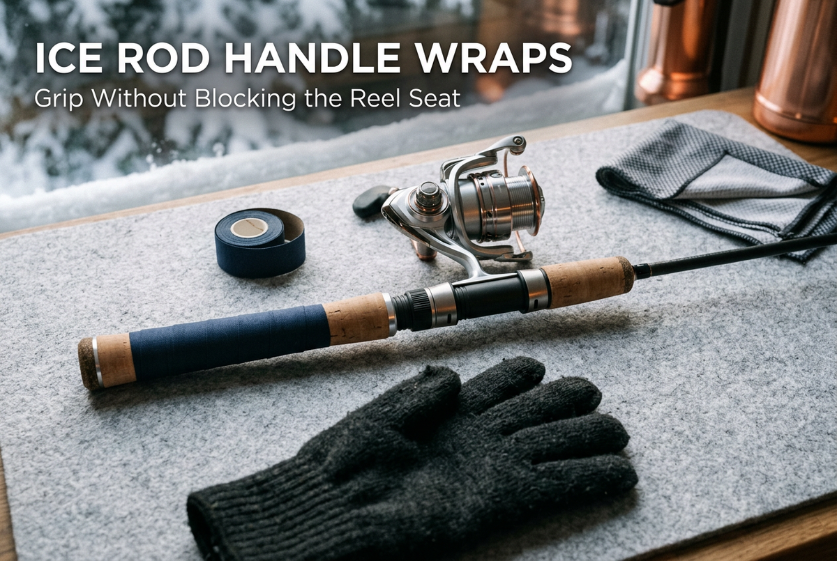 Ice fishing spinning outfit with navy wrap confined to a cork grip, exposed reel-seat controls and winter gloves, beneath the title Ice Rod Handle Wraps.