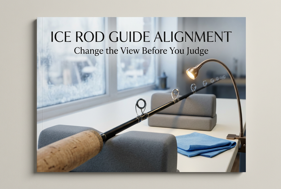 Short cork-handled rod supported on padded blocks near a workshop lamp, with guide rings viewed in perspective beneath the title Ice Rod Guide Alignment.