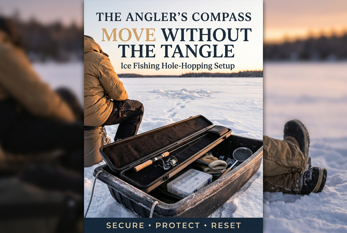 Open padded ice rod case and closed tackle box in a sled on a snowy lake, with the English headline Move Without the Tangle