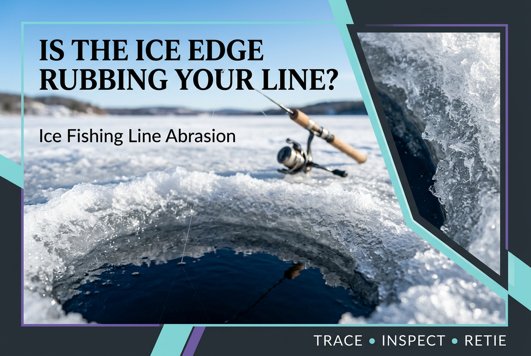 Close-up of an ice-hole rim and fishing line with a short spinning rod behind it, titled Is the Ice Edge Rubbing Your Line?