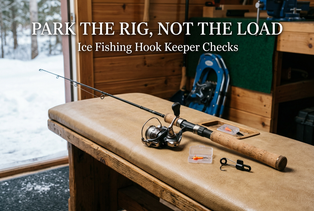 Ice fishing outfit on a padded bench beside a separate removable keeper and enclosed orange jig, under the headline Park the Rig, Not the Load.