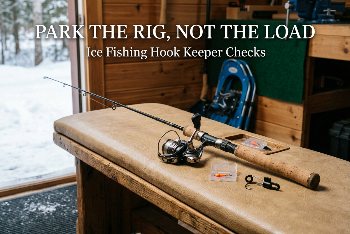 Ice fishing outfit on a padded bench beside a separate removable keeper and enclosed orange jig, under the headline Park the Rig, Not the Load.