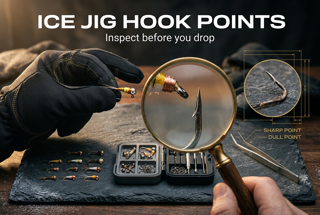 Ice fishing jigs and a magnifying glass displaying a hook point on dark slate beneath the heading Ice Jig Hook Points.