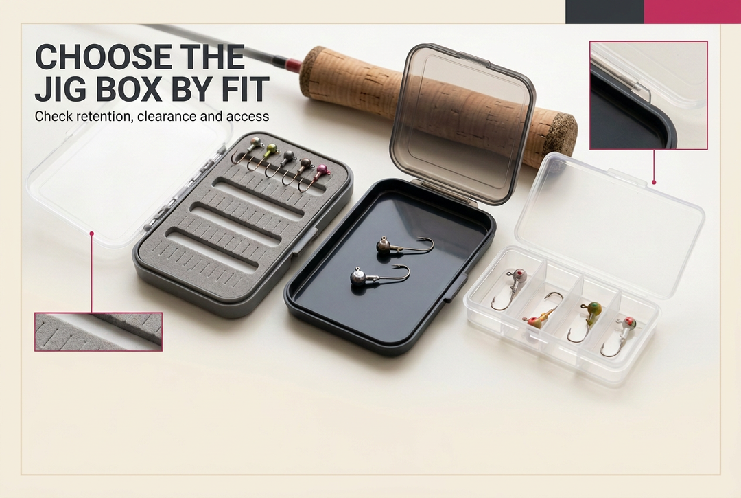 Three open jig boxes with slotted foam, a flat tray and clear compartments beside a cork rod grip, with detail insets.