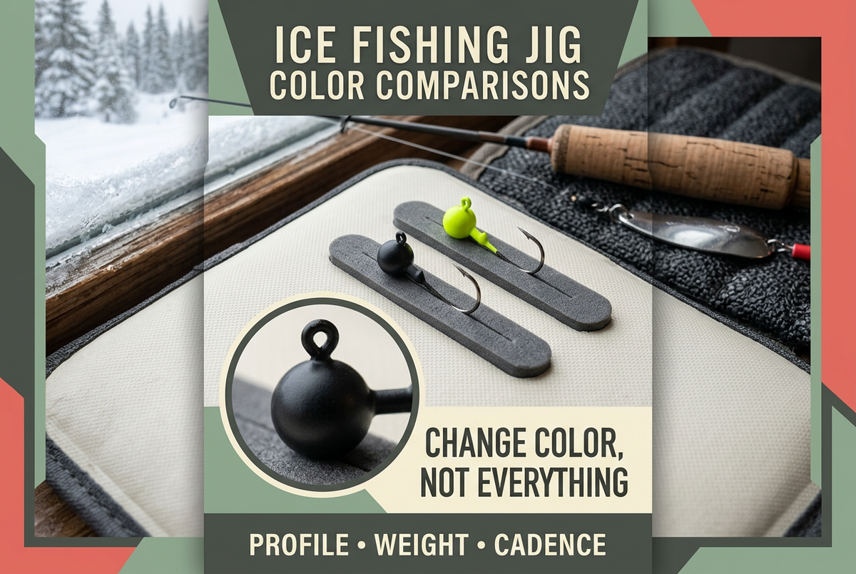 Black and chartreuse ice fishing jigs beside a cork-grip rod, with the English headline Change Color, Not Everything