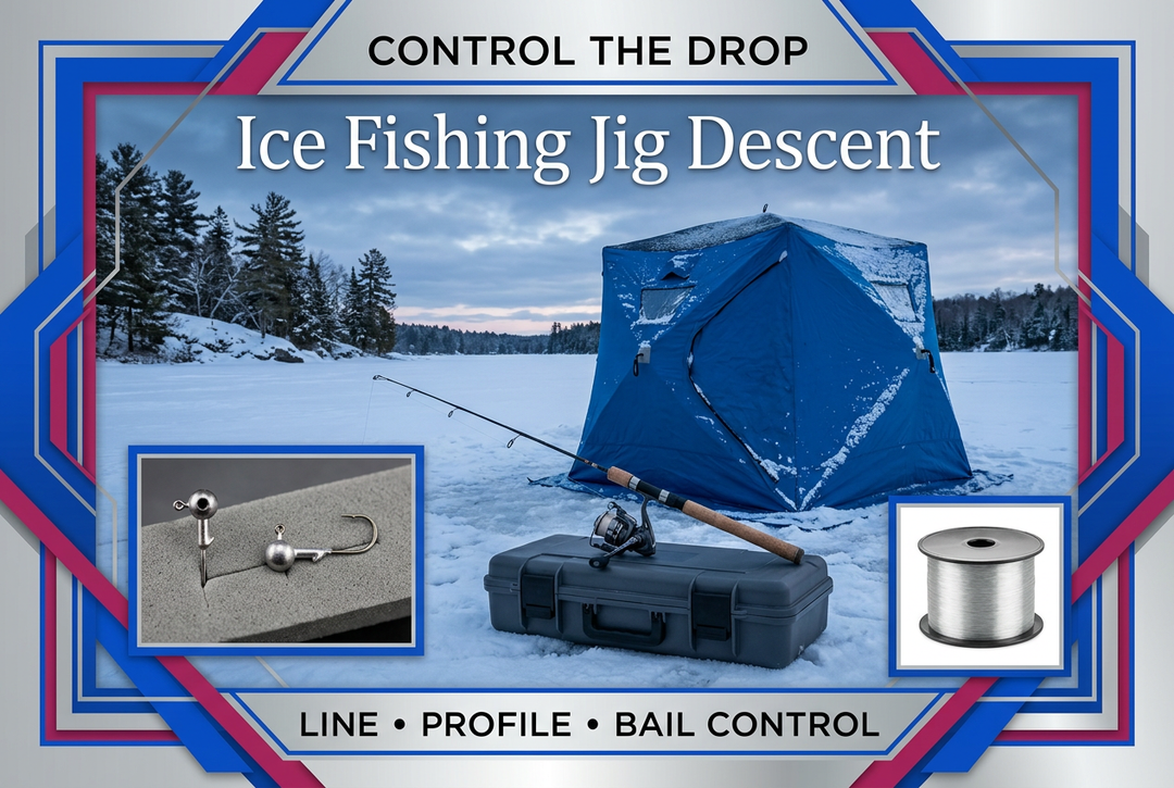 Ice rod on a closed case beside a blue shelter with jig and spool insets and the English headline Control the Drop