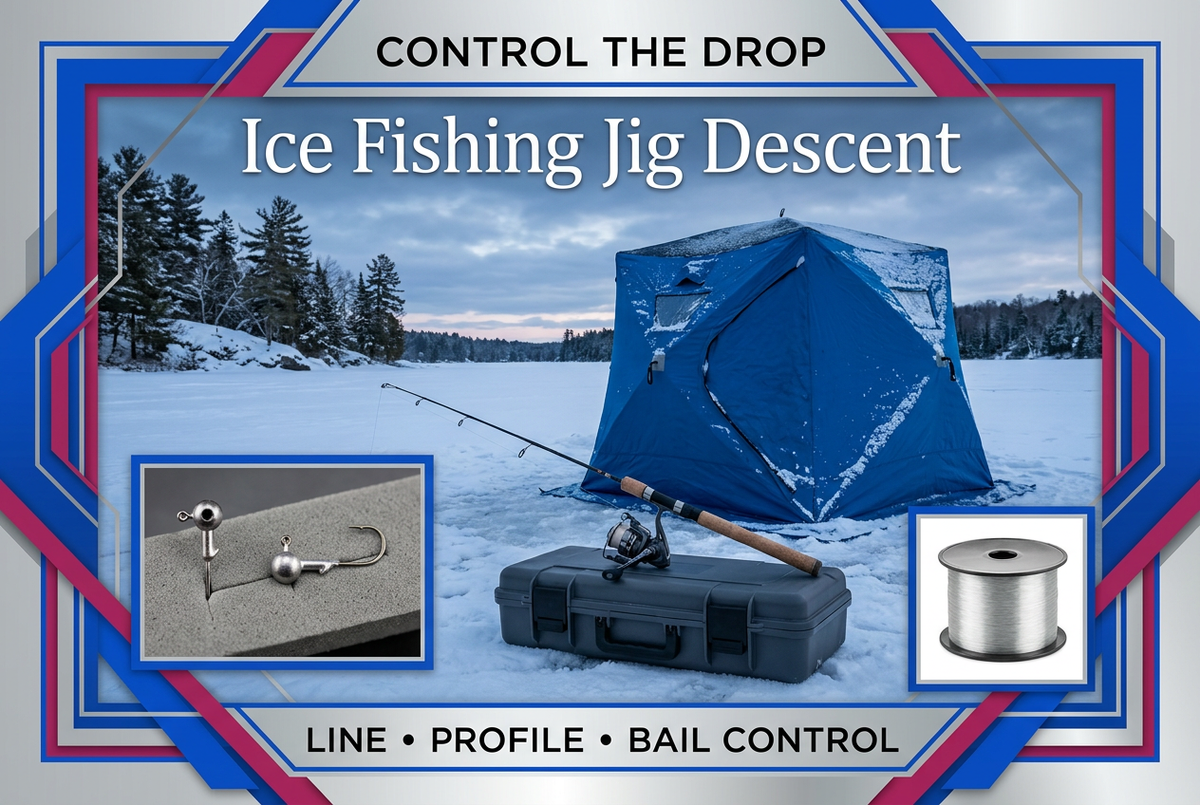 Ice rod on a closed case beside a blue shelter with jig and spool insets and the English headline Control the Drop