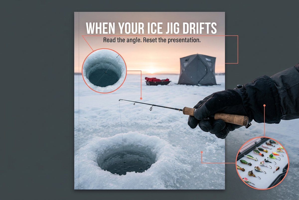 Short ice fishing rod beside an ice hole at sunrise, with inset views of line entry and a jig tray.