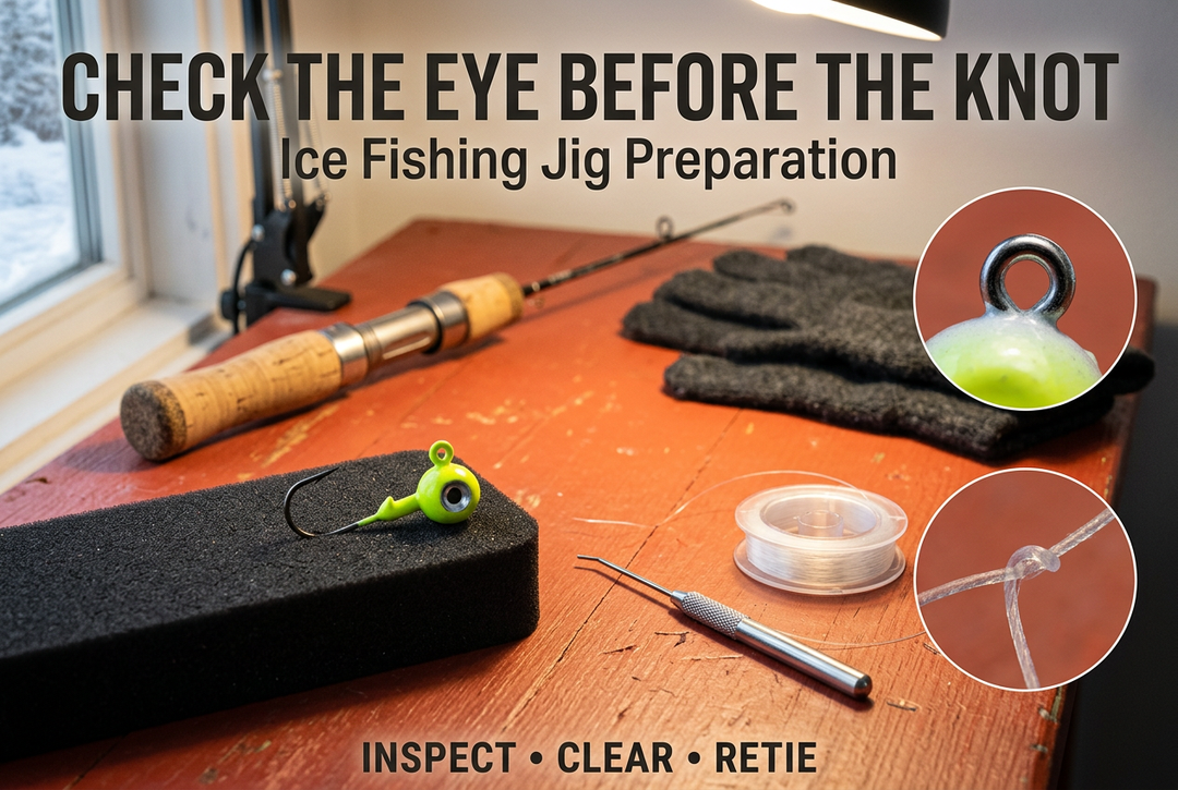 Chartreuse ice fishing jig on foam beside a line spool and cleaning tool, with the English headline Check the Eye Before the Knot