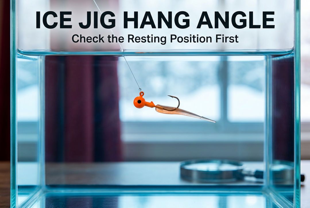 Orange ice jig with a slender soft-plastic bait suspended underwater in a glass tank beneath the title Ice Jig Hang Angle.