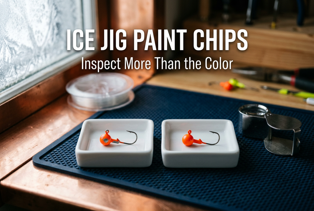 Two orange single-hook jigheads in separate white trays, one with a visible paint chip, beneath the headline Ice Jig Paint Chips.