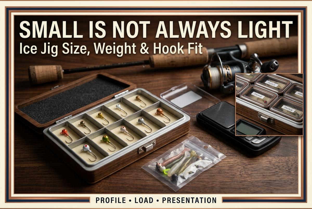 Ice jig tackle box, soft baits and a pocket scale on a workbench with the English headline Small Is Not Always Light