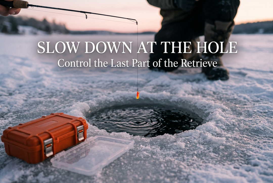 Small orange ice jig suspended clear of an ice hole and rod tip at sunrise beneath the title Slow Down at the Hole.