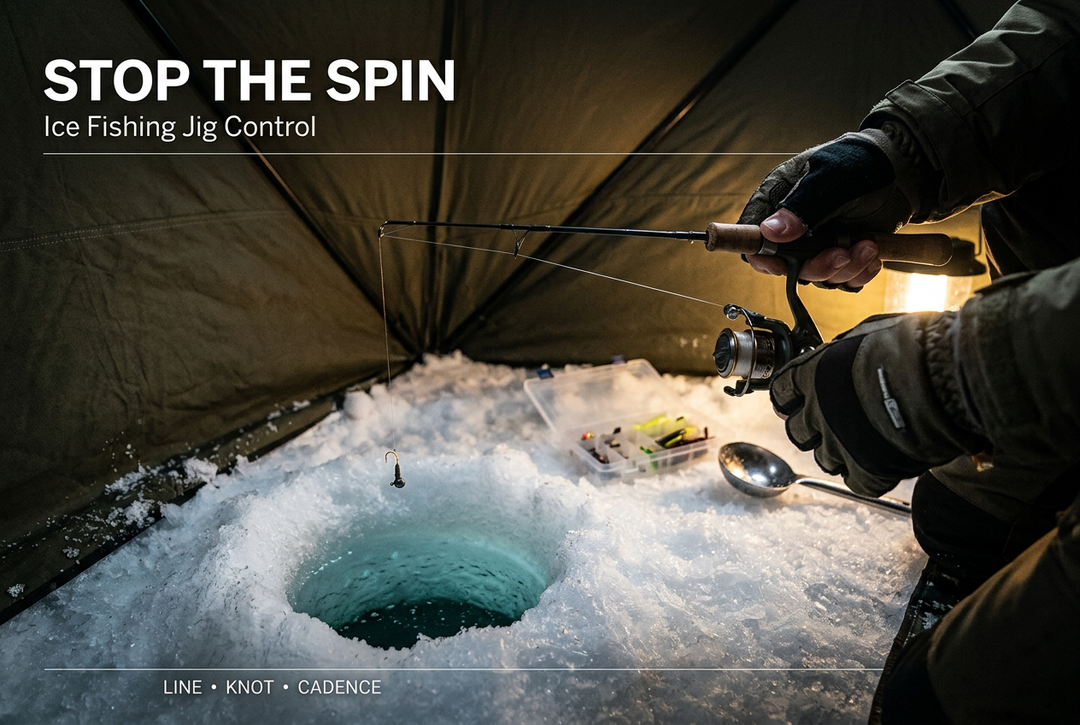 Angler holding a short spinning rod and suspended jig above an ice hole, with the English headline Stop the Spin