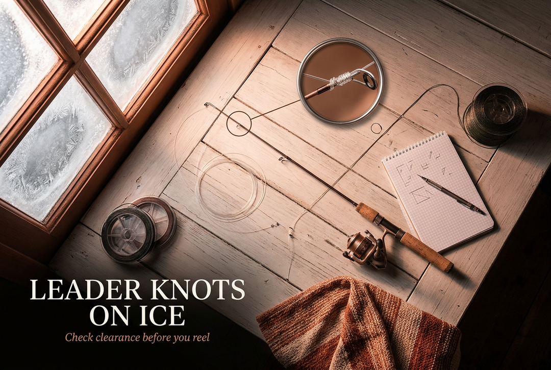 Short ice fishing rod, line spools and magnified tackle detail on a wooden workbench beneath the heading Leader Knots on Ice.