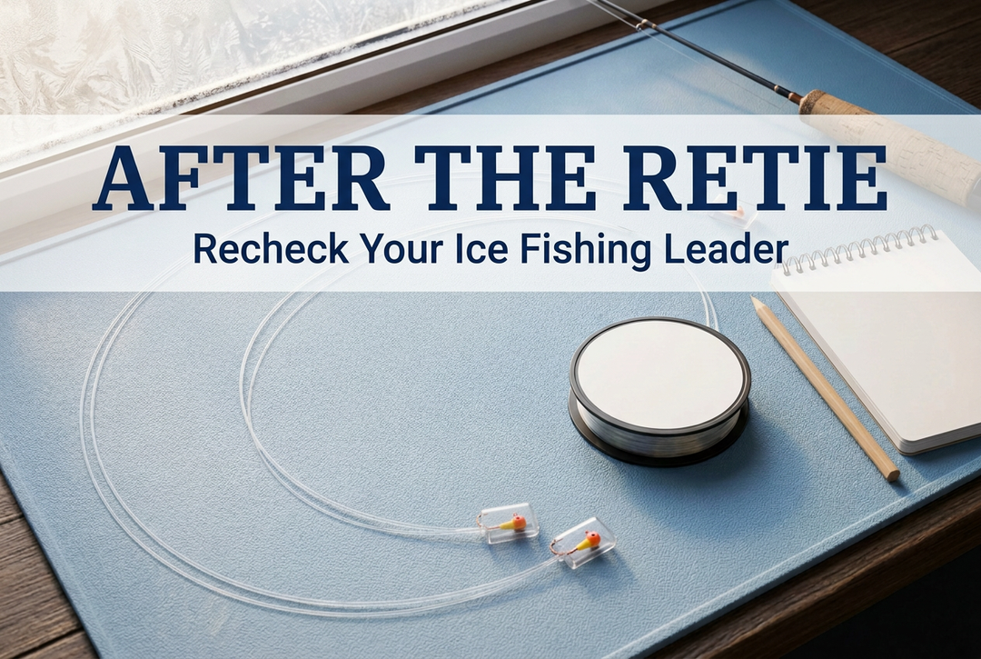 Clear leaders and protected orange jigs on a pale blue preparation mat beneath the headline After the Retie.