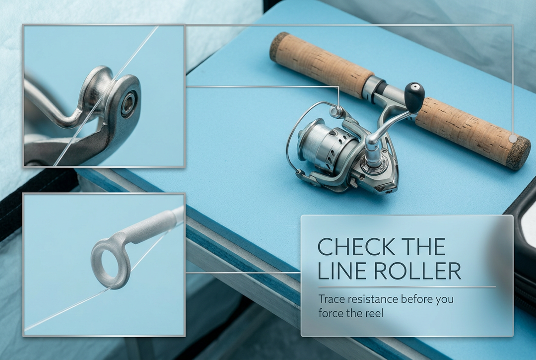 Silver spinning reel on a pale blue shelter bench, with close-up insets of a line roller and frosted rod guide.