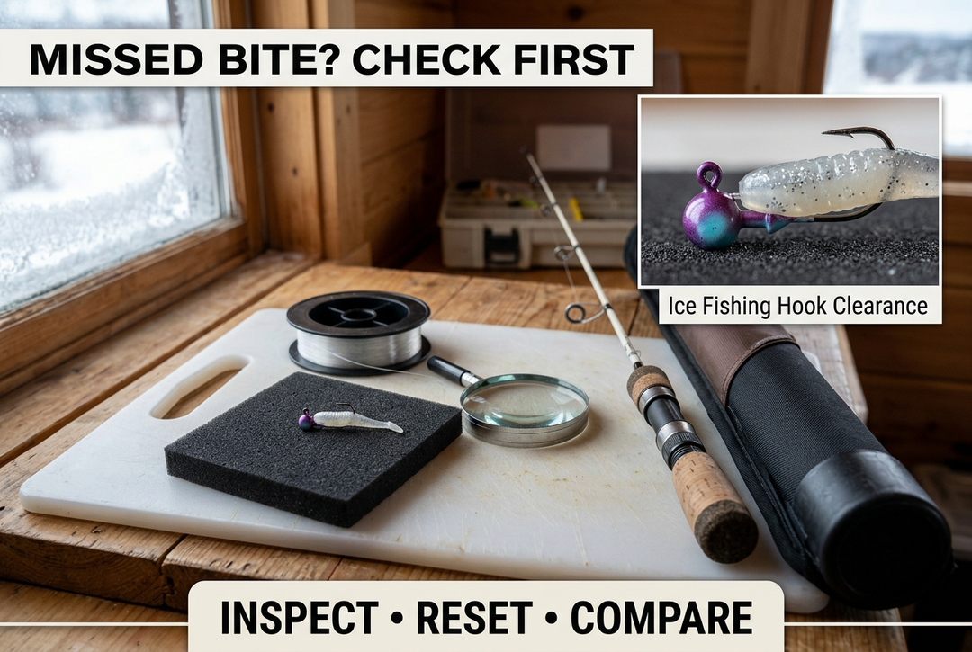 Soft-plastic ice jig on foam beside a line spool, magnifier and short rod, with the English headline Missed Bite? Check First