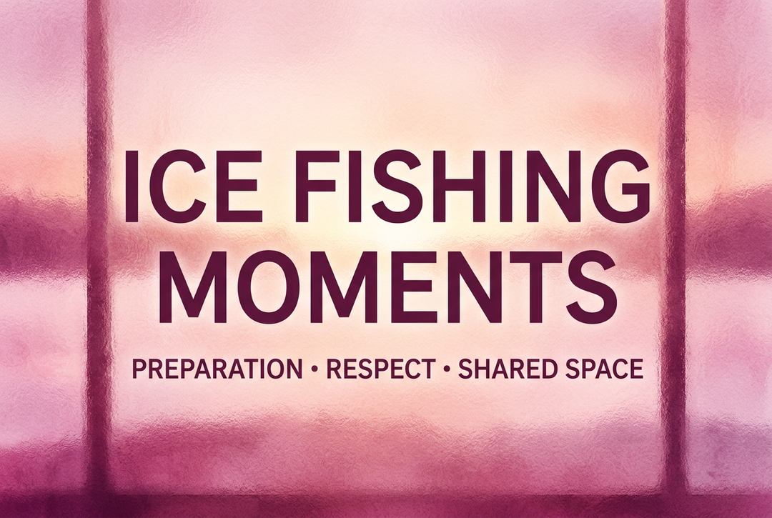 Peach and magenta frosted-window watercolor cover reading Ice Fishing Moments: Preparation, Respect, Shared Space.