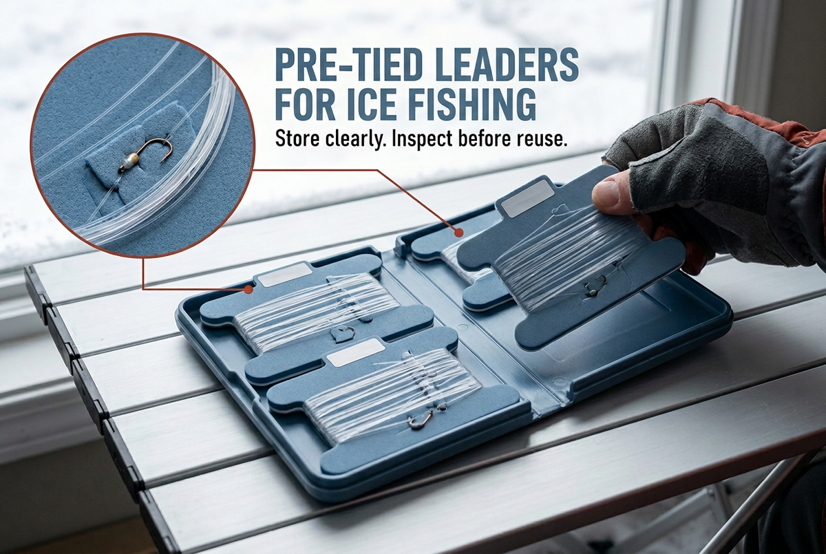Gloved hand lifting a labeled leader winder from a wallet containing separated pre-tied fishing rigs.