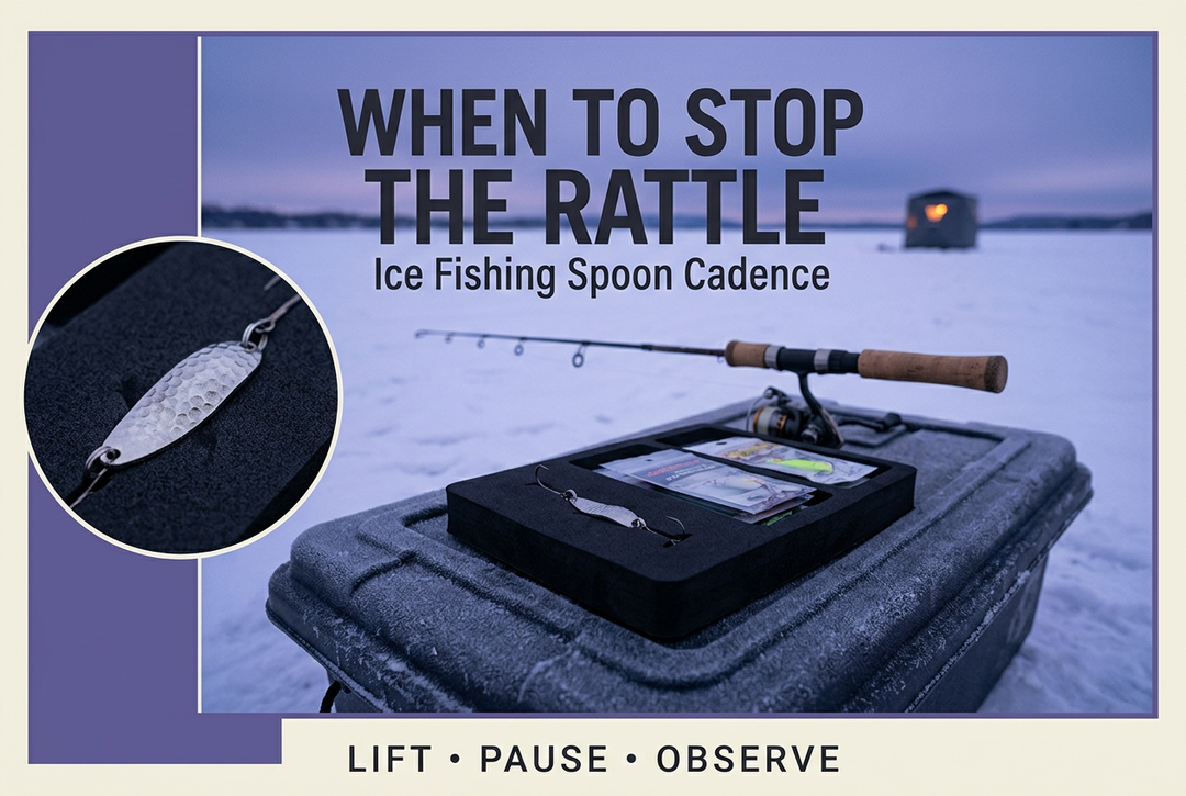 Silver fishing spoon in foam beside a short spinning rod at twilight, with the English headline When to Stop the Rattle