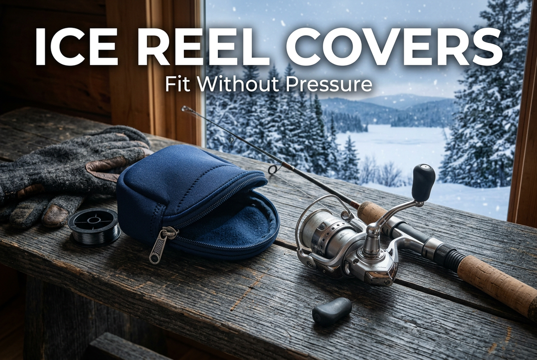 Silver spinning reel and short cork-handled rod beside an open navy reel cover on a wooden bench, with snow outside and the title Ice Reel Covers.