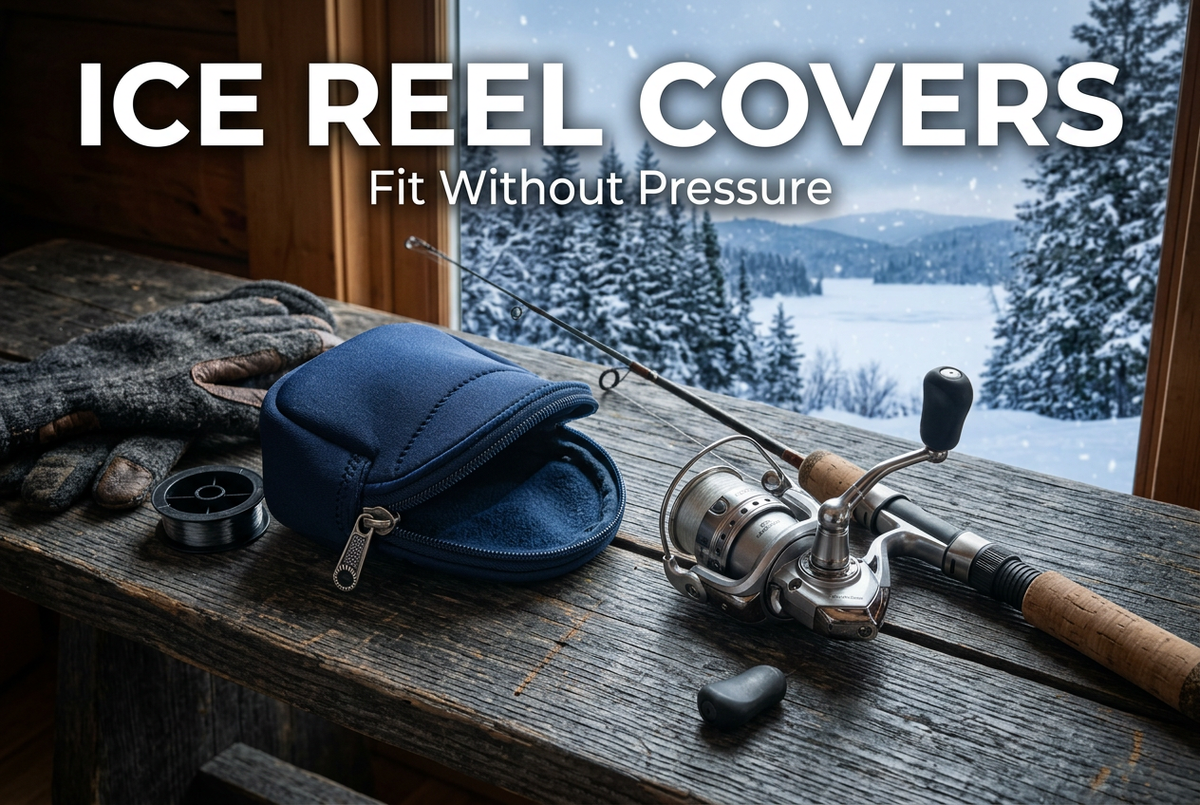 Silver spinning reel and short cork-handled rod beside an open navy reel cover on a wooden bench, with snow outside and the title Ice Reel Covers.