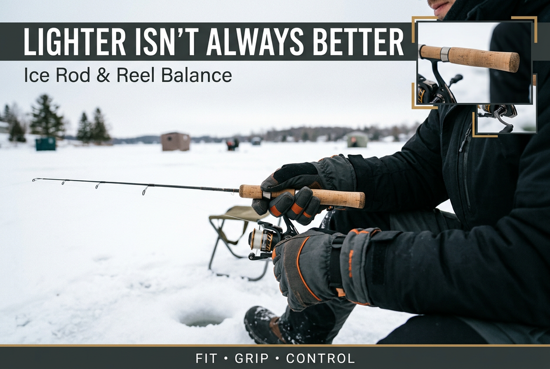 Angler wearing winter gloves holding a short spinning ice rod, with the English headline Lighter Isn't Always Better