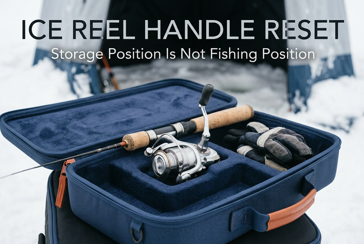Compact spinning reel and cork-handled ice rod in an open padded case beside winter gloves, under the title Ice Reel Handle Reset.