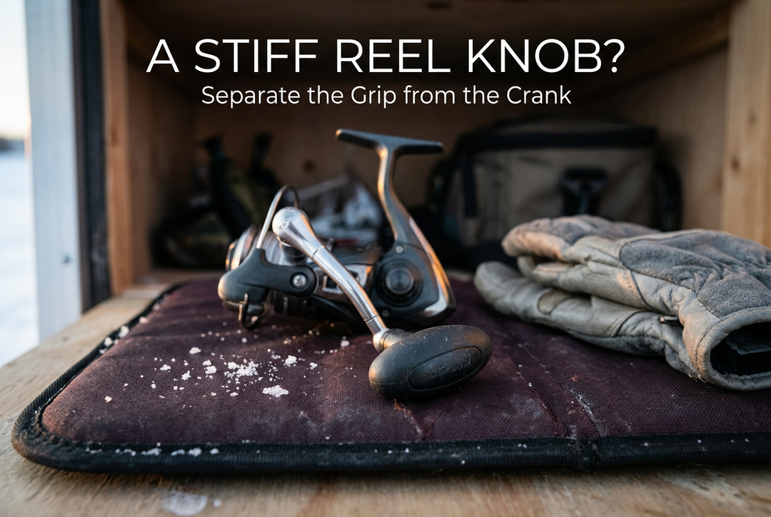 Black oval grip knob on a spinning reel beside winter gloves on a burgundy mat, beneath the headline A Stiff Reel Knob?