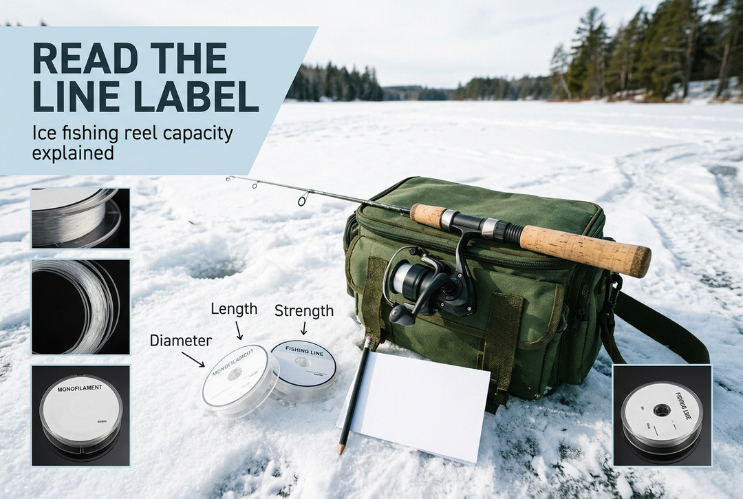 Ice fishing spinning outfit on a green tackle bag beside line supply spools and a note card, with spool-detail insets and an English line-label heading.