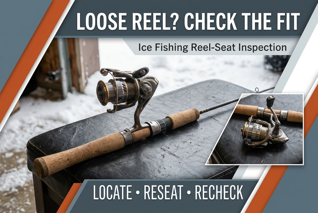 Spinning reel mounted on a cork-grip ice rod on a padded bench, with the English headline Loose Reel? Check the Fit