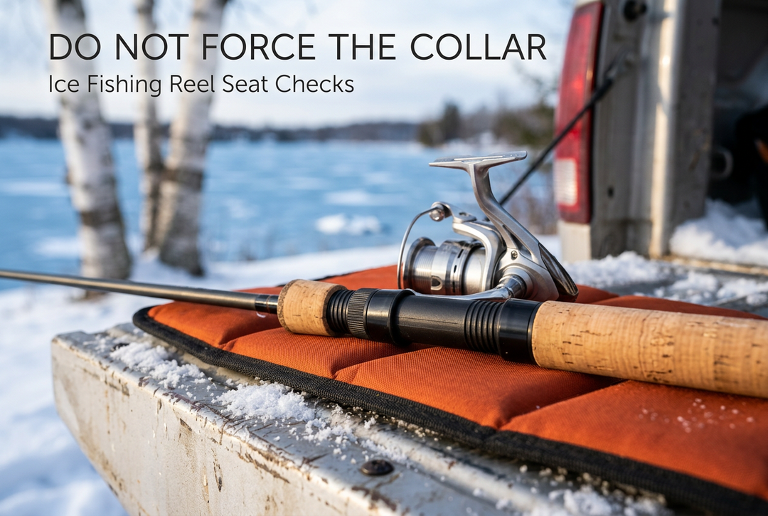 Threaded rod reel seat and cork grip on an orange padded tailgate mat beside a detached spinning reel, beneath the title Do Not Force the Collar.