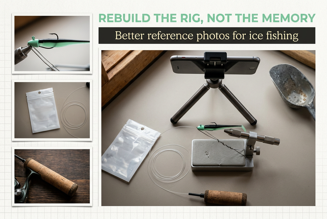 Phone on a small tripod beside a secured jig, fine line and bait packaging on a neutral work surface, with photographic detail insets.