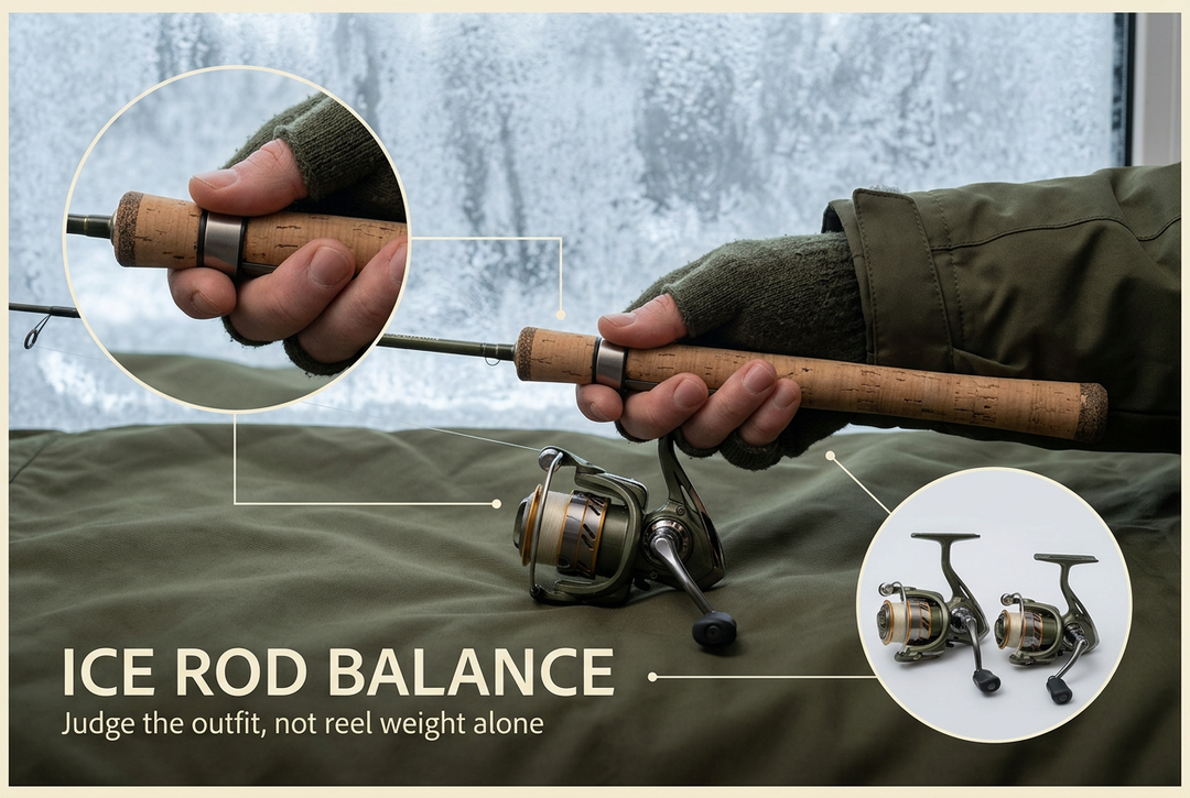 Gloved hand holding a cork-grip fishing rod with inset photographs of grip position and two spinning reels.