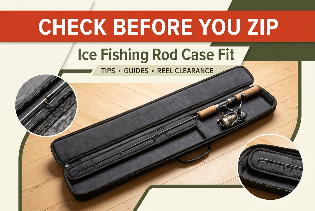 Open padded ice fishing rod case with a mounted spinning reel and tip-detail insets, with the English headline Check Before You Zip