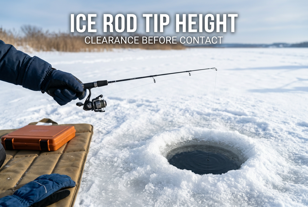 Gloved angler holding a short spinning rod clear above an ice hole, with the headline Ice Rod Tip Height and an orange tackle box nearby.