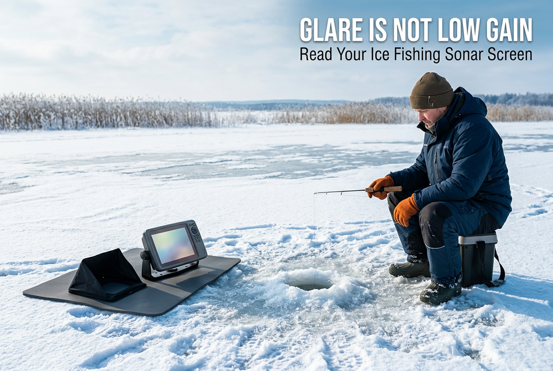 Angler beside an ice hole and a sonar with a reflective screen in bright snow, beneath the headline Glare Is Not Low Gain.