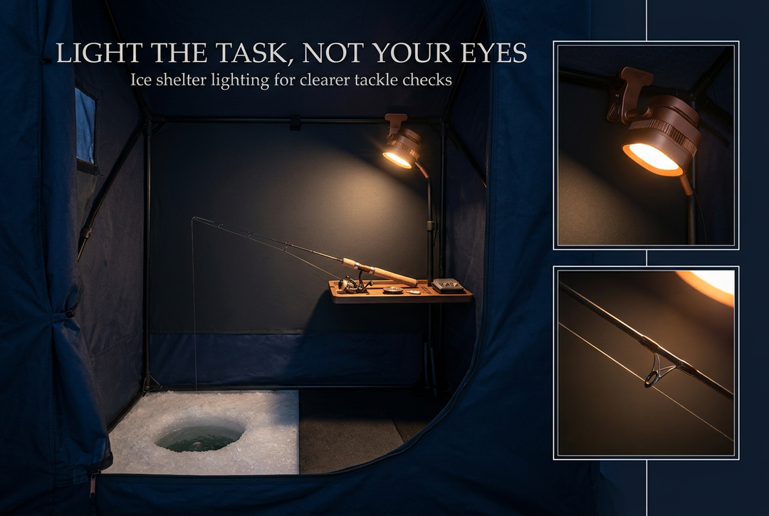 Warm task lamp illuminating an ice rod inside a dark blue shelter, with close-up insets of the lamp and rod guides.