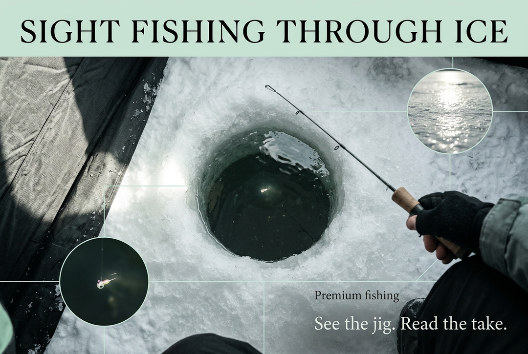 Angler holding a short rod beside an ice fishing hole with inset views of water glare and a small jig.