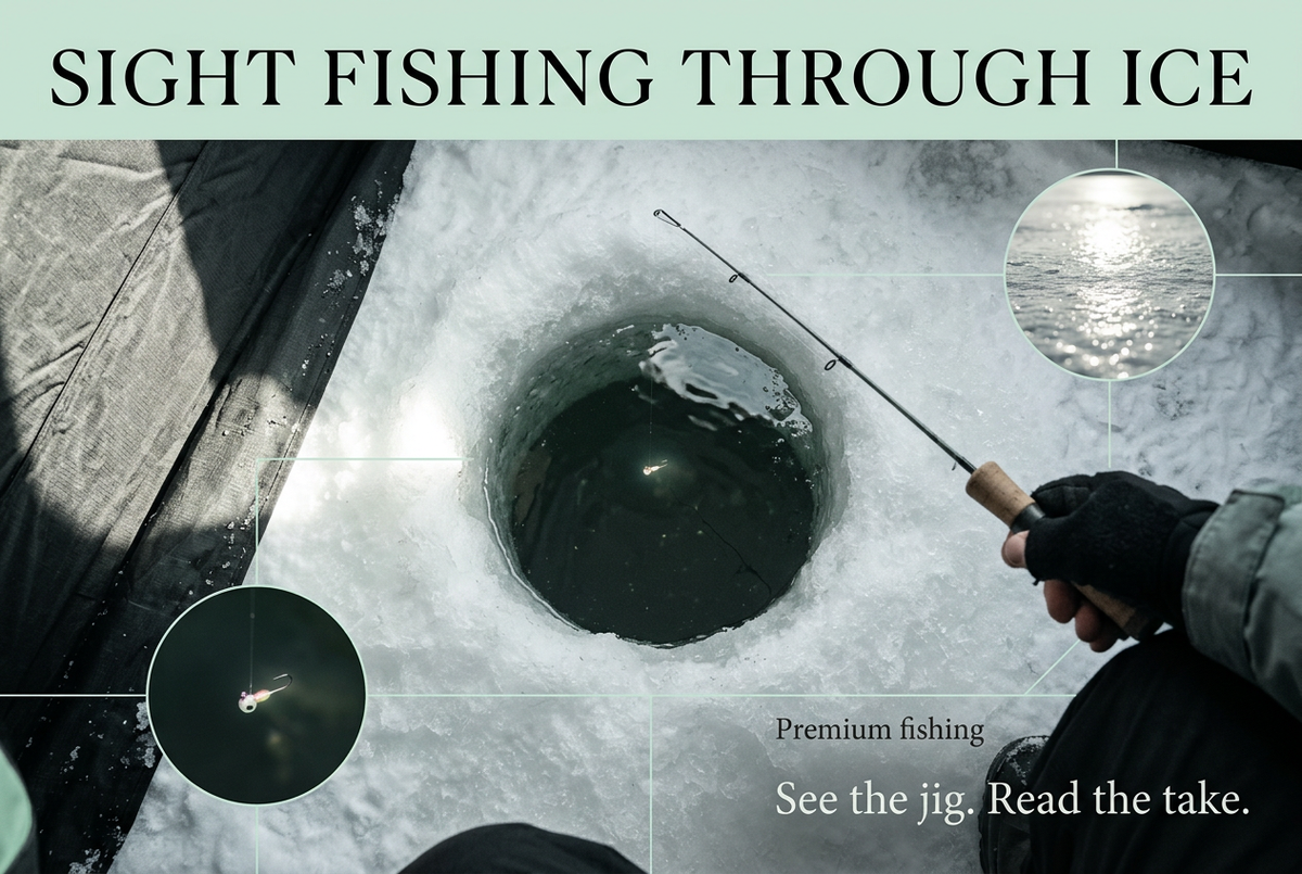 Angler holding a short rod beside an ice fishing hole with inset views of water glare and a small jig.