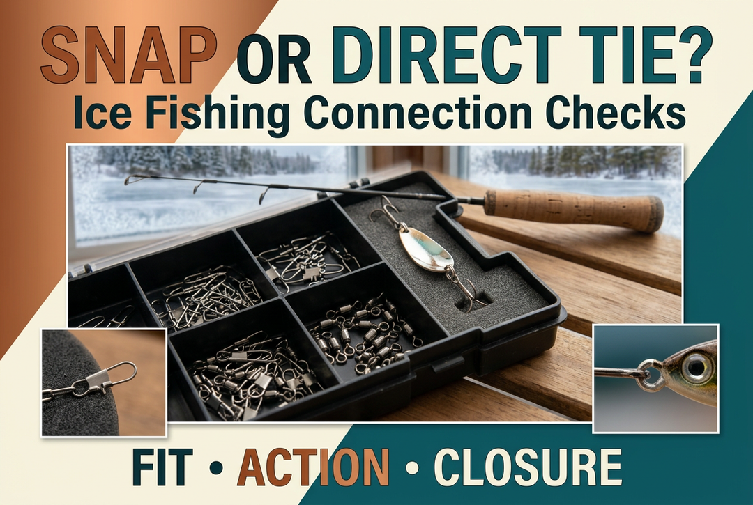 Snaps, swivels and an ice spoon in a tackle tray beside an ice rod, with the English headline Snap or Direct Tie?