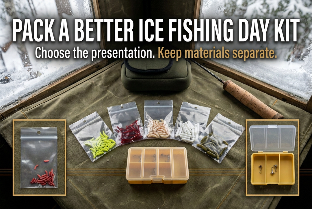 Separate packets of small soft fishing baits beside a yellow day tackle box on an olive shelter table, with framed detail insets.