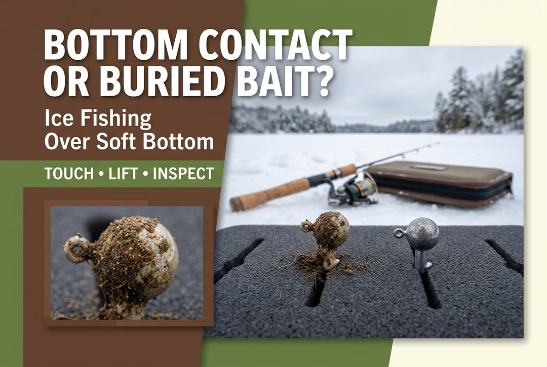 Sediment-coated and clean jig heads on foam beside an ice fishing rod, with the English headline Bottom Contact or Buried Bait?