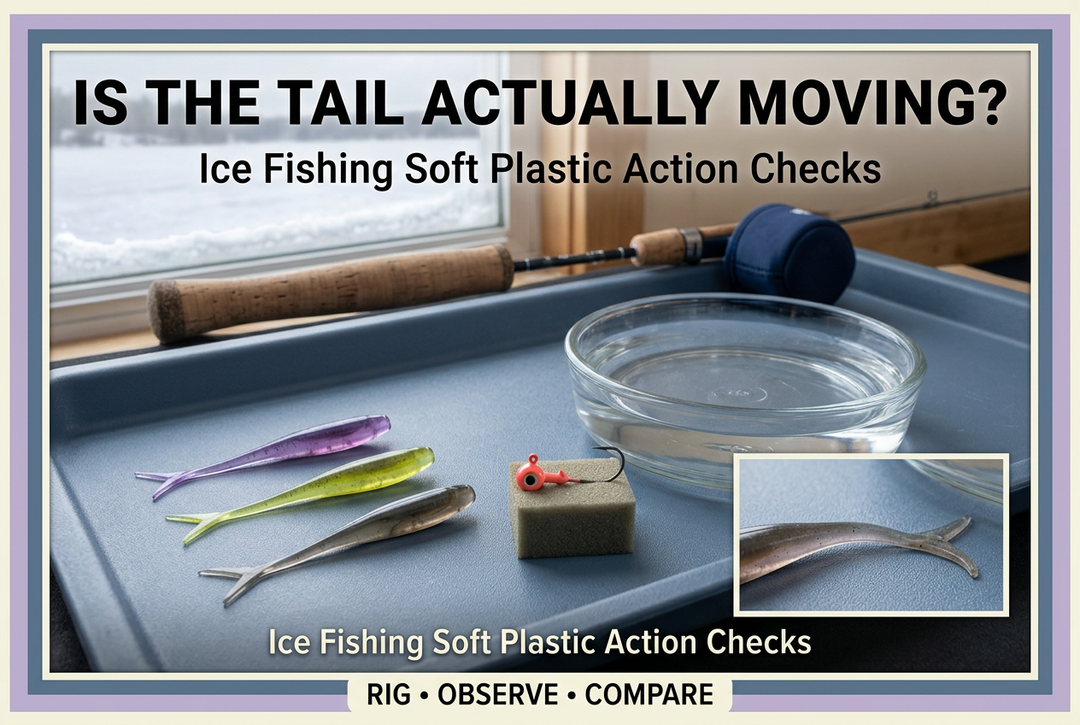 Thin-tail soft plastic baits, a secured jig and observation dish beside an ice rod, with the headline Is the Tail Actually Moving?