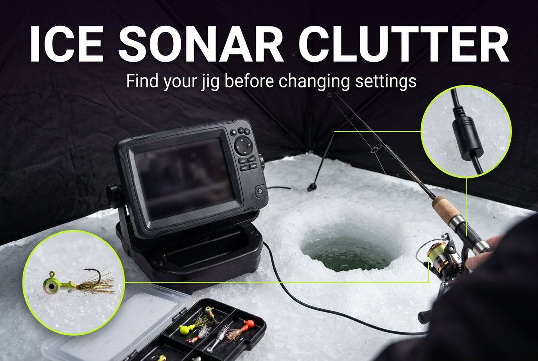 Portable sonar unit, short spinning rod and jig tray beside an ice hole, with inset equipment details.