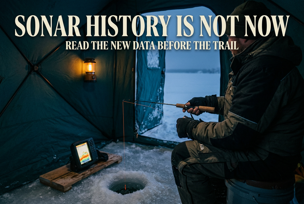 Angler observing a portable sonar beside an ice hole inside a teal shelter beneath the headline Sonar History Is Not Now.